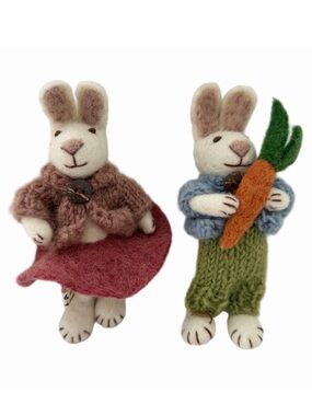 GRY & SIF Set 2 Felted Wool Bunnies Ornaments Collectibles Hand Made Easter